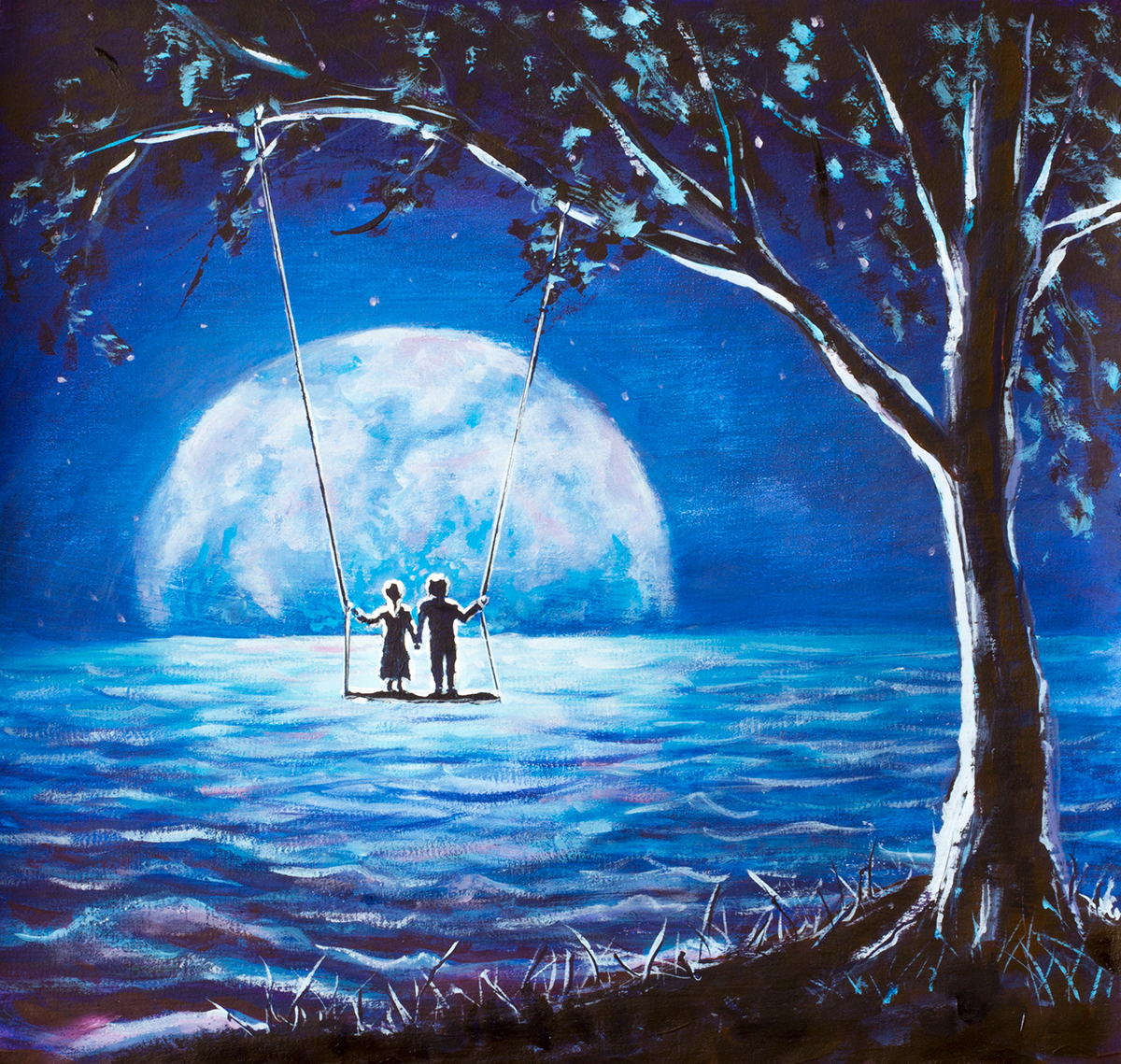 A painting of two children on a swing in the water