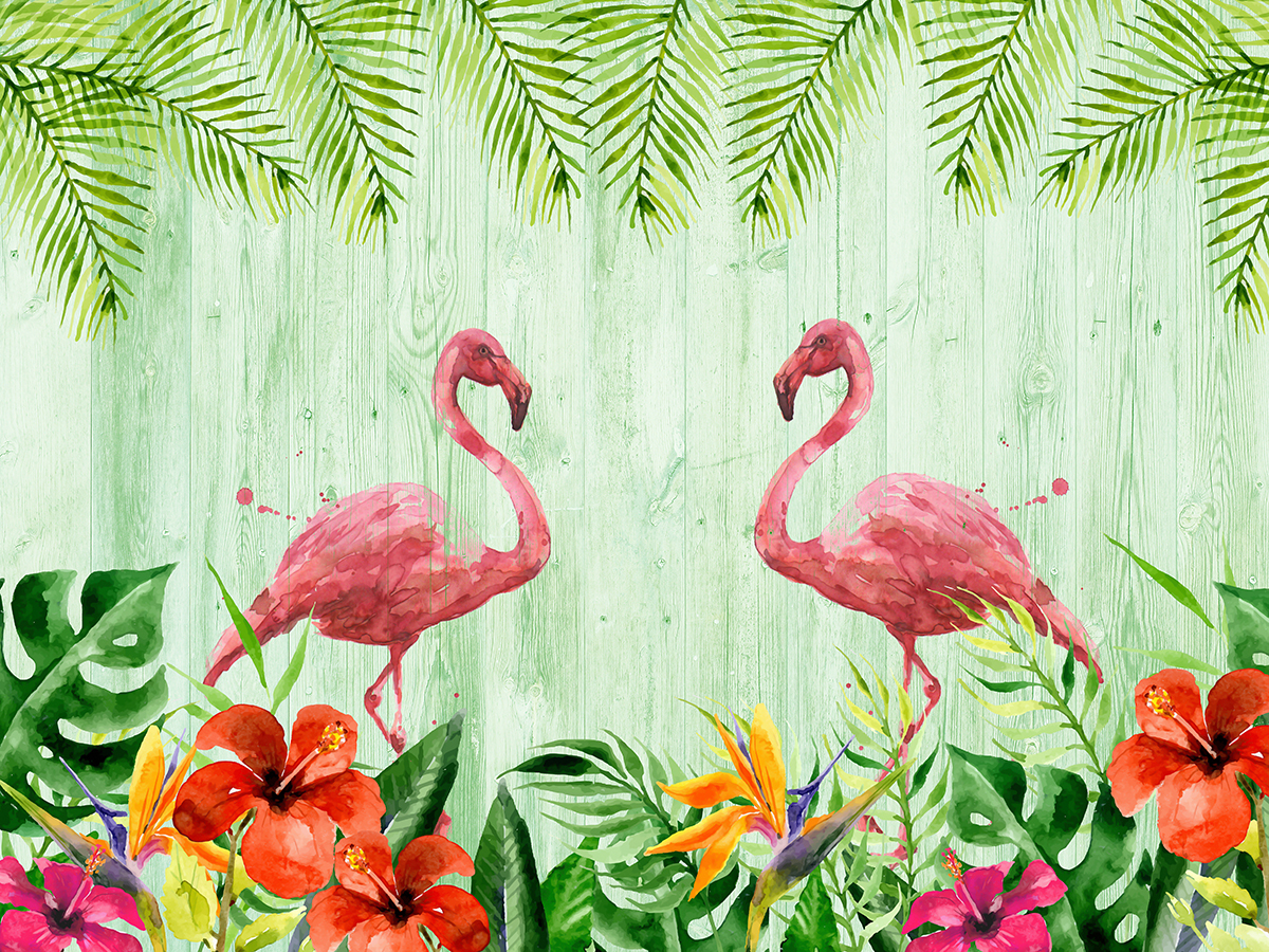 A painting of flamingos and flowers