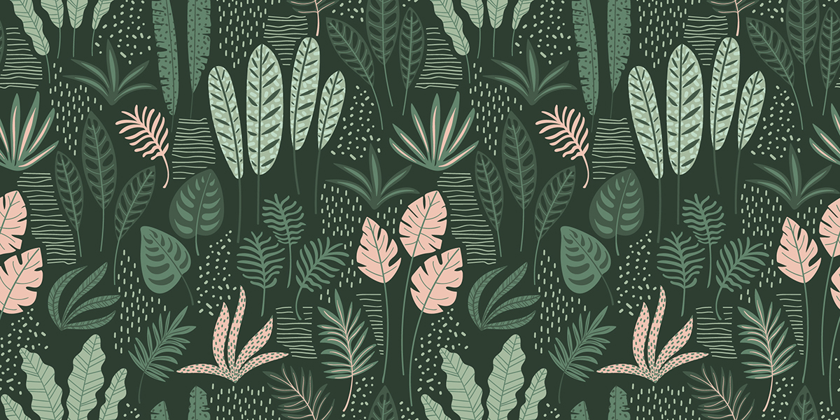 A pattern of leaves and plants