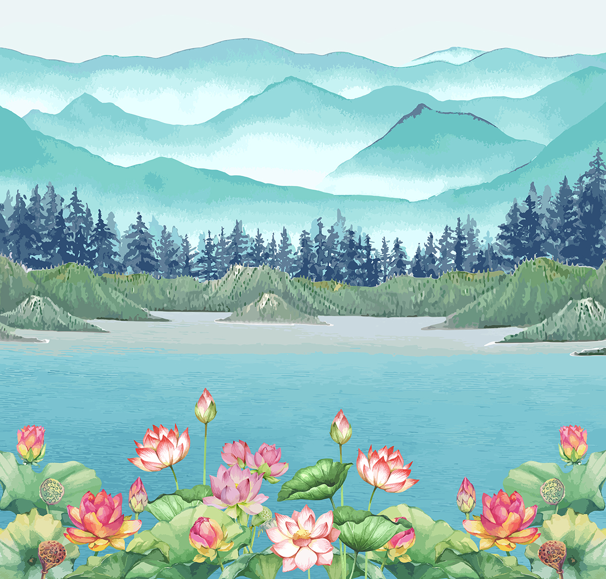 A water with flowers and mountains