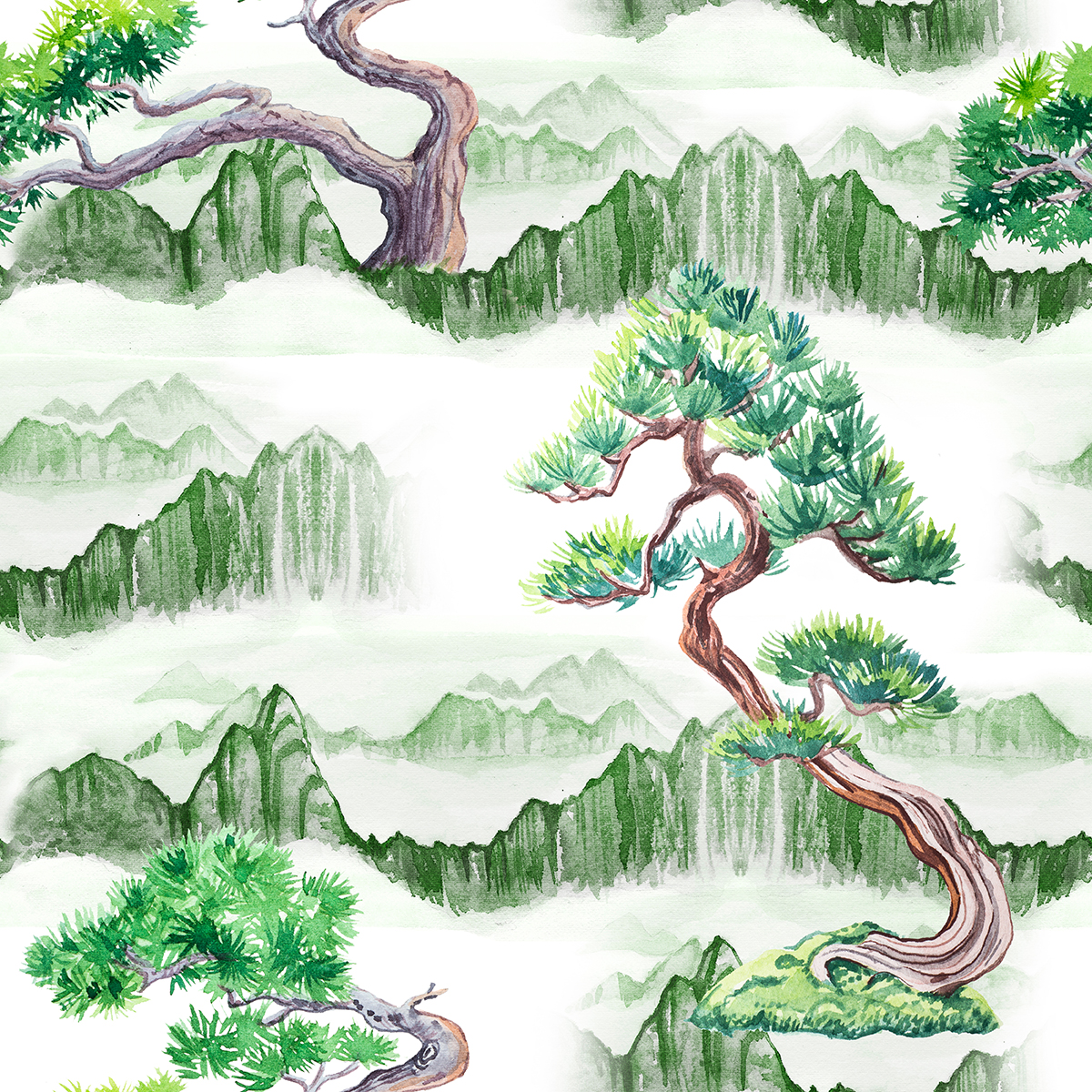 A watercolor painting of trees and mountains