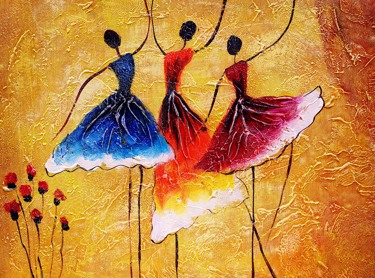 A painting of three women dancing