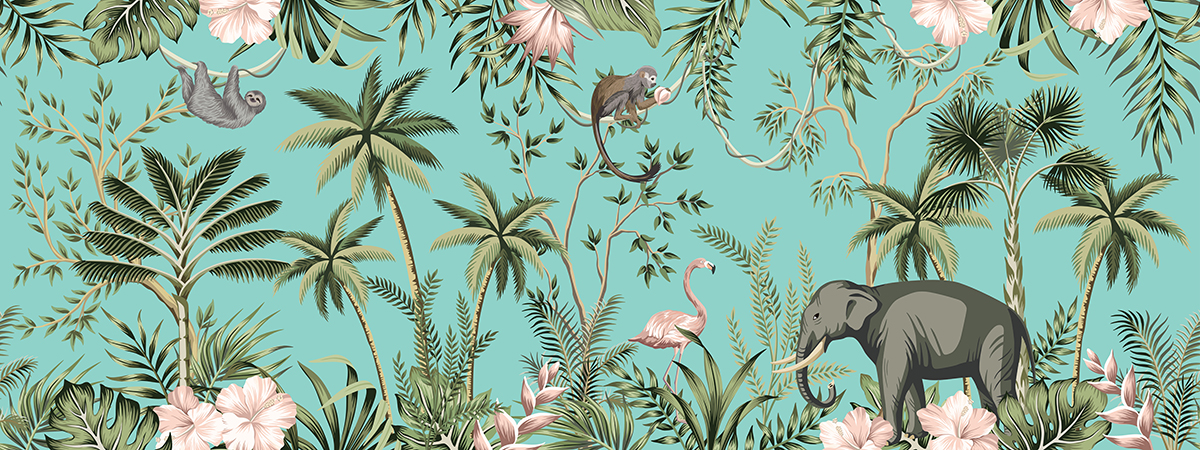 A wallpaper with palm trees and animals