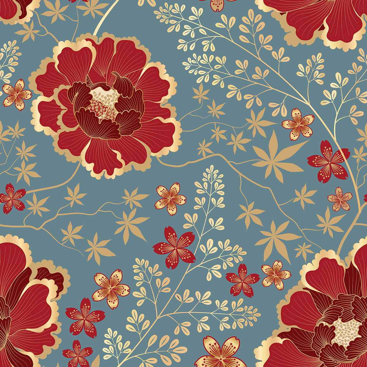 A pattern of red and gold flowers