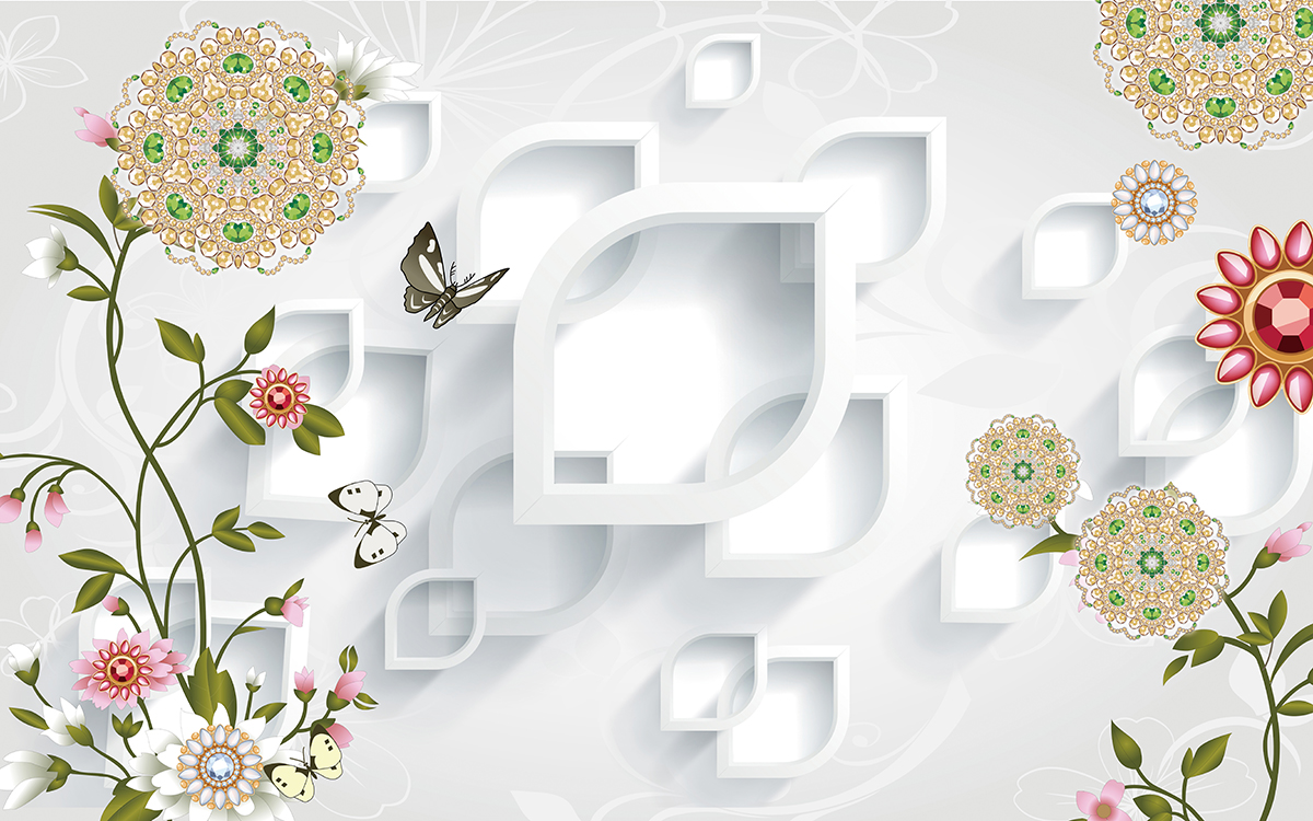 A wallpaper with flowers and butterflies