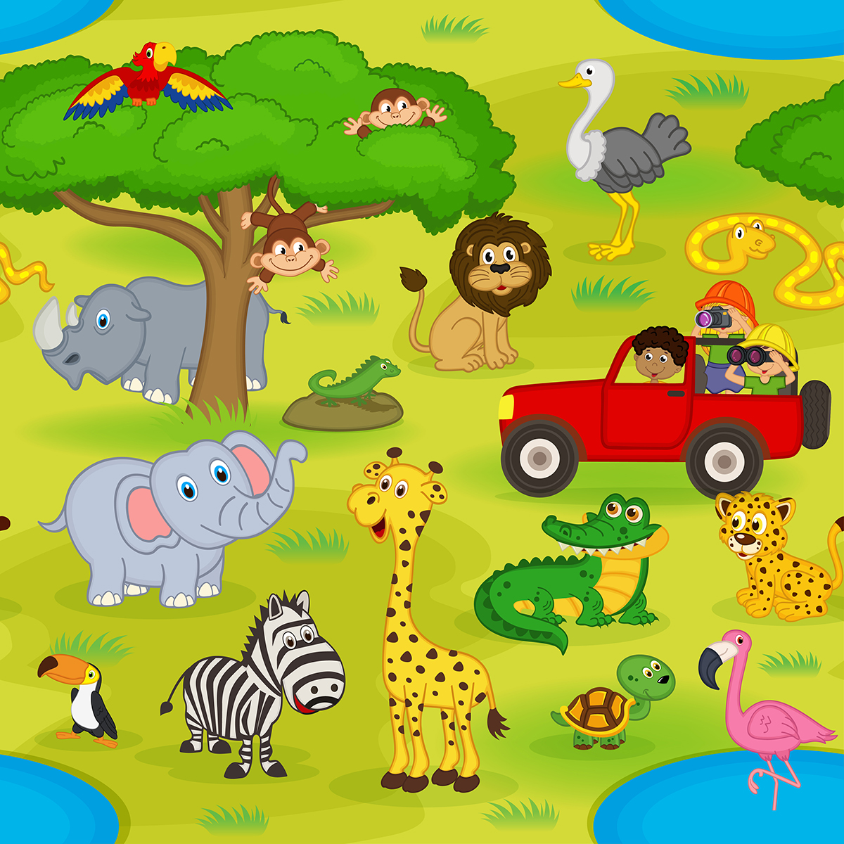 A cartoon of animals in a field