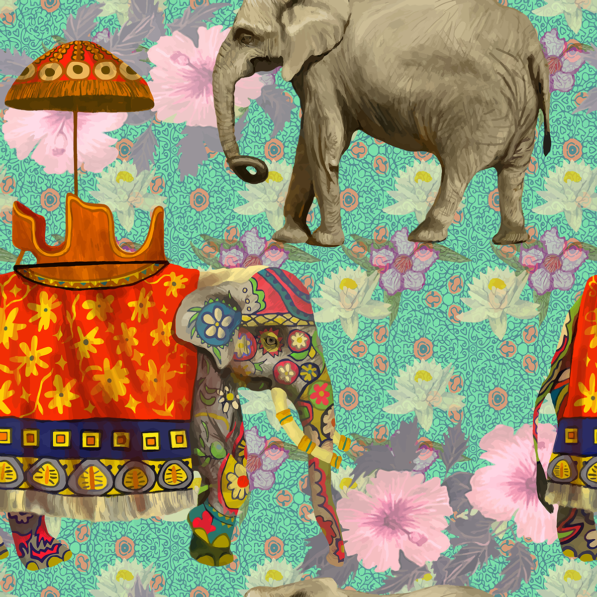 A pattern of elephants and flowers