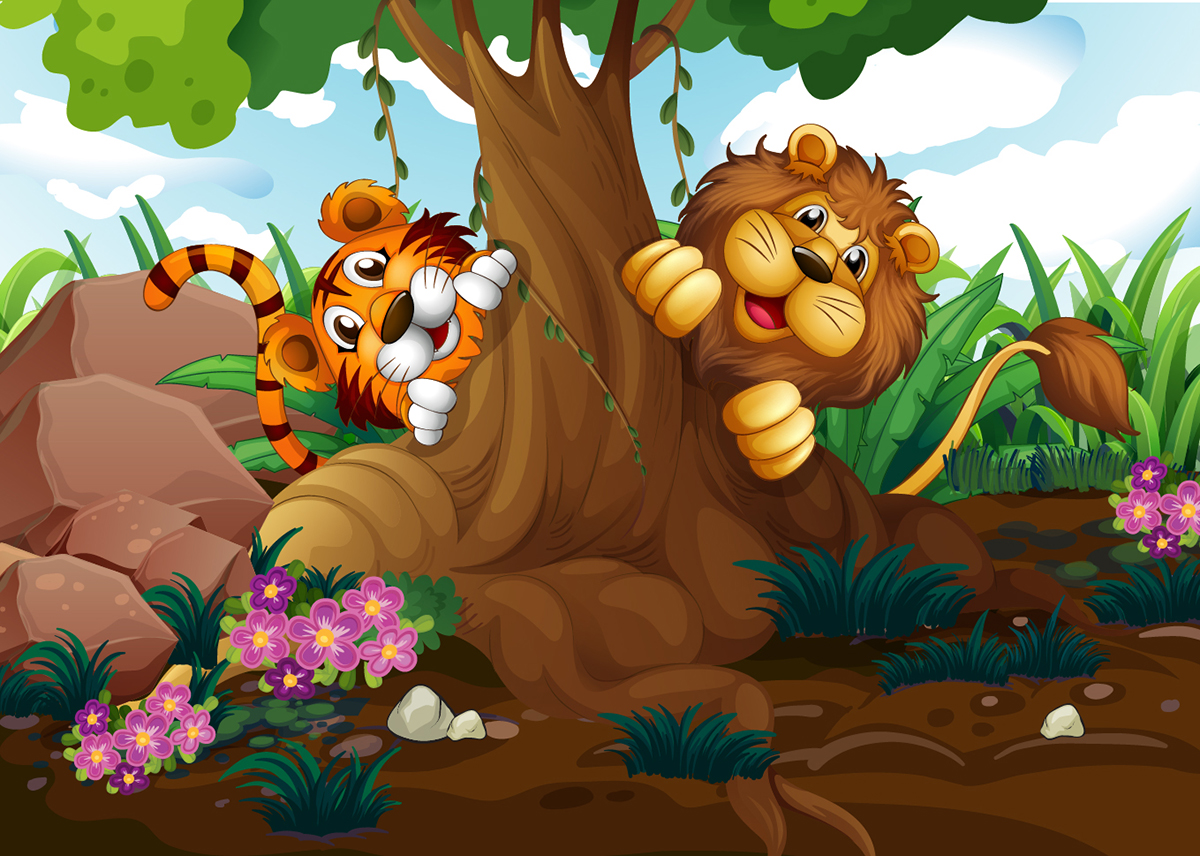 A lion and tiger climbing on a tree