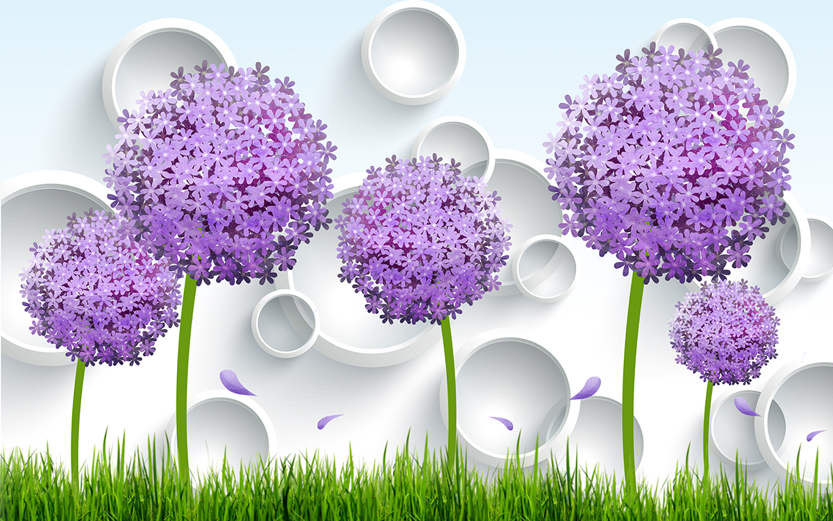 Purple flowers on green stems with grass and circles