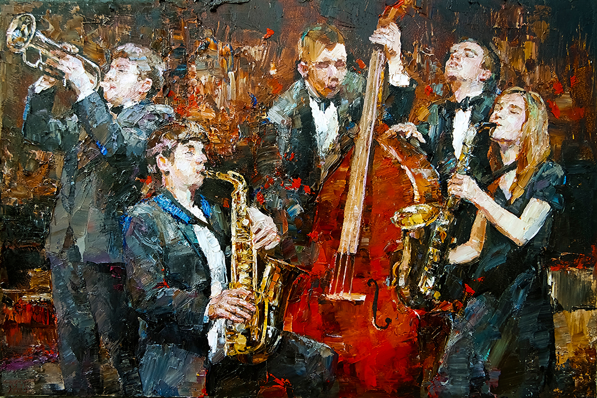 A painting of a group of people playing instruments