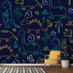 A pattern of dinosaurs and plants