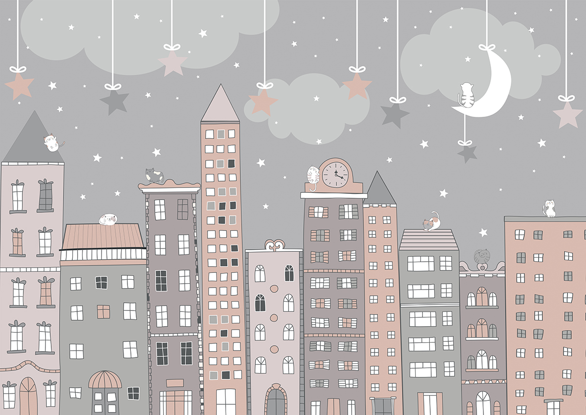 A cartoon city with stars and clouds