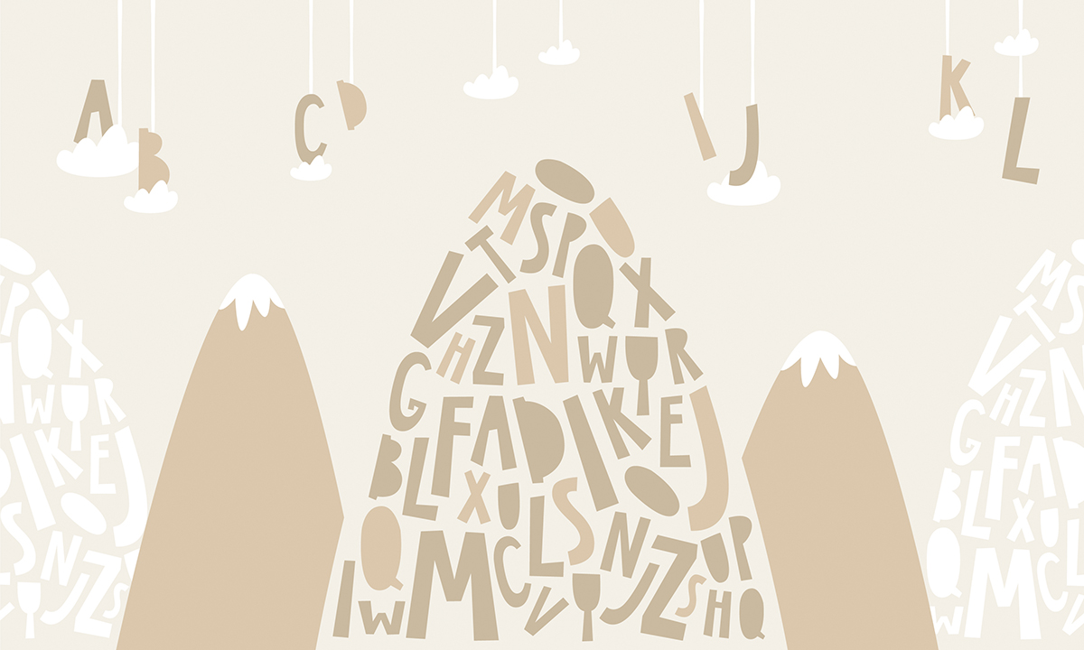 A mountain with letters and clouds