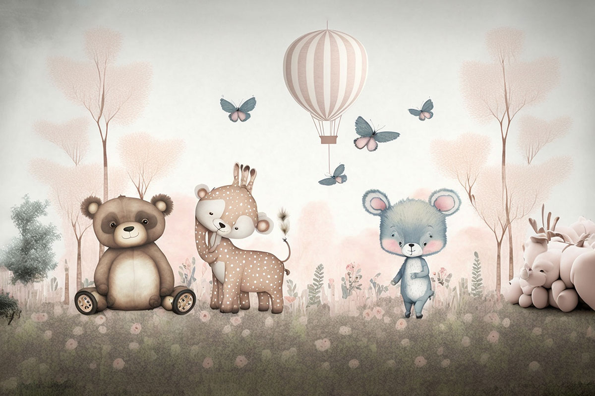 Animals and Hot Air Balloon Wallpaper for Kids Room