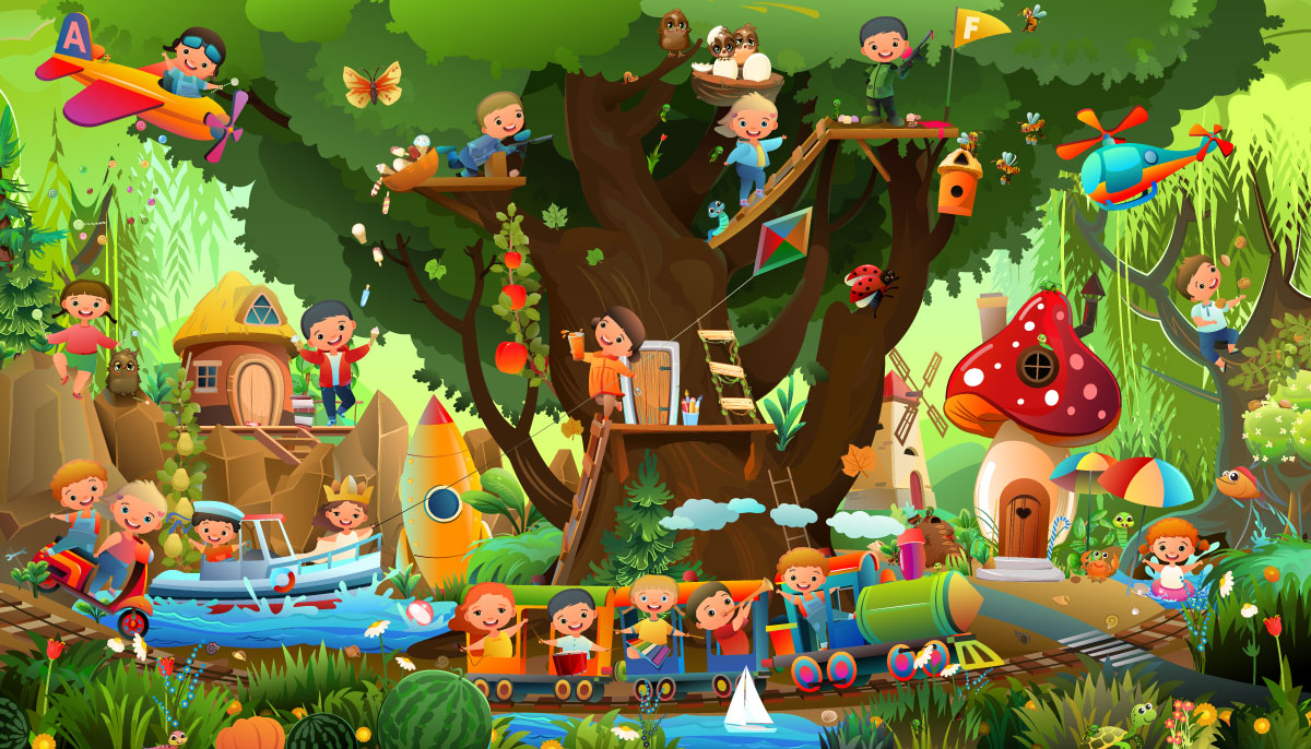 A cartoon of kids playing in a tree