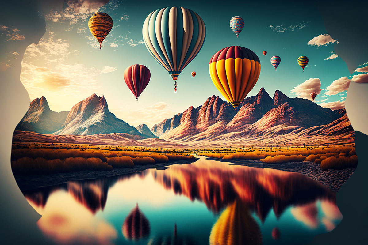 Hot air balloons over a river