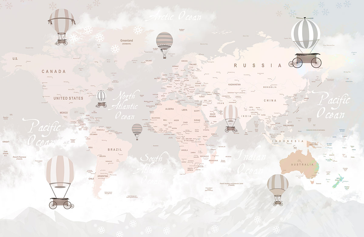 A map of the world with hot air balloons