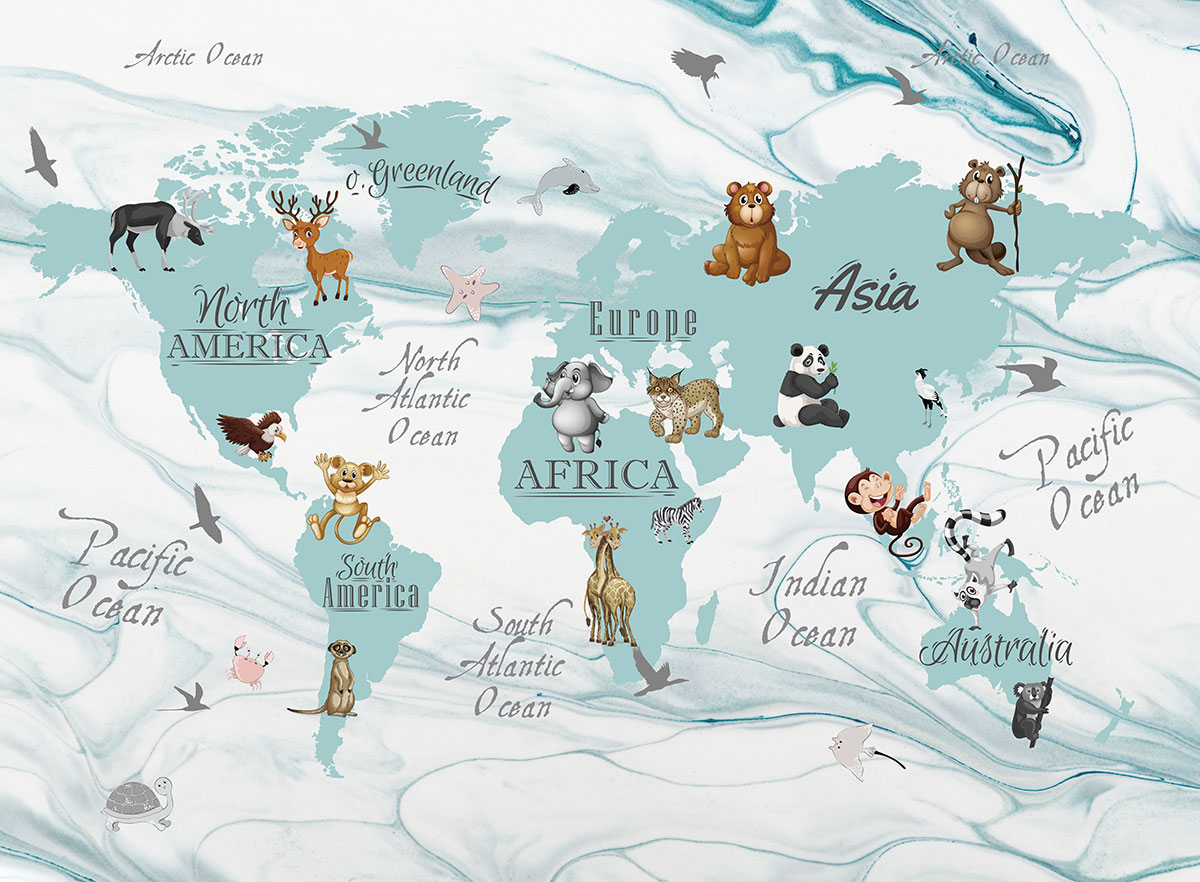 A map of the world with animals