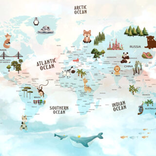 World Map with Animals Wallpaper for Wall