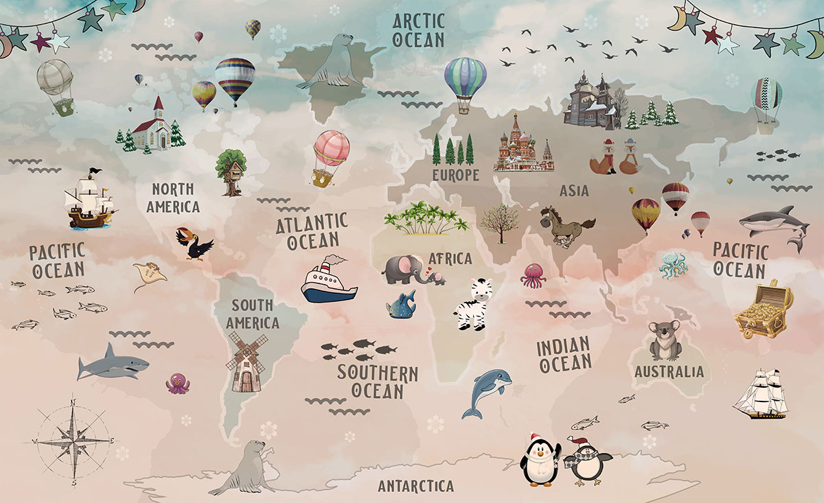 A map of the world with different animals and birds