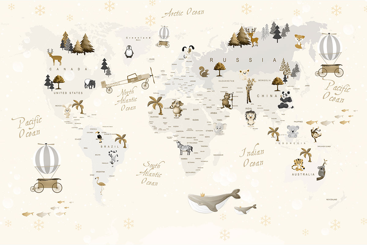 A map of the world with animals