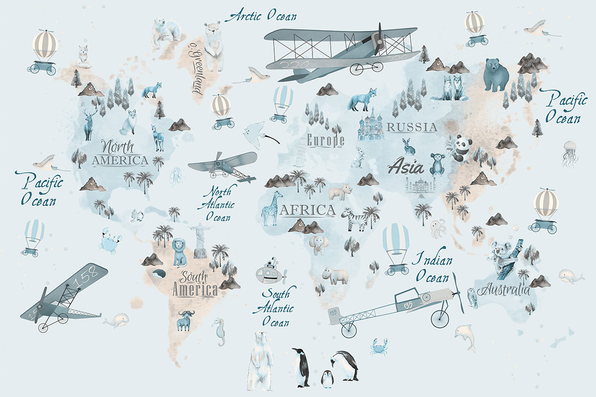 A map of the world with animals and birds