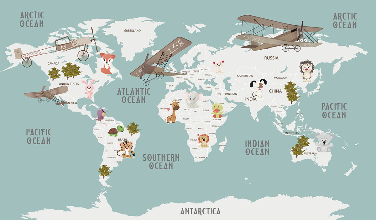 A map of the world with cartoon animals