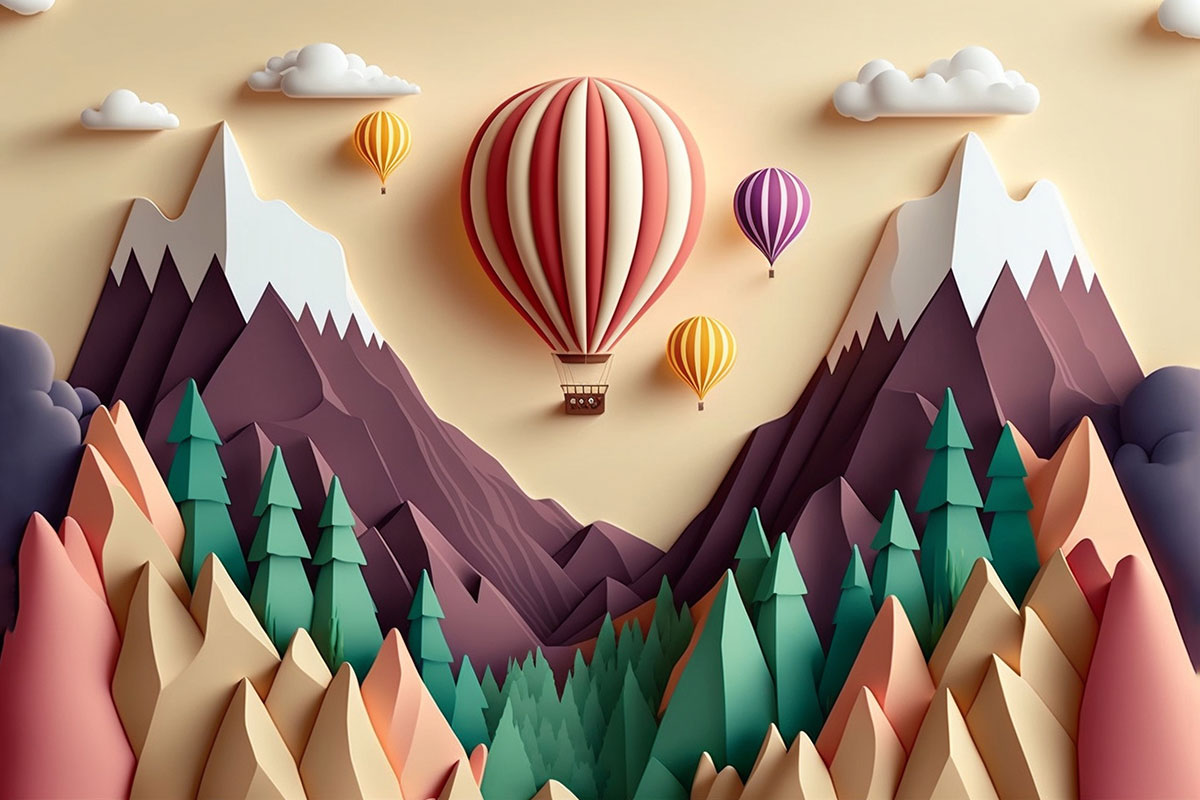 A paper cut out of a mountain with hot air balloons