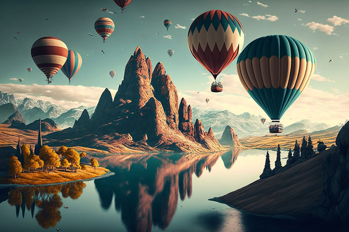 A group of hot air balloons over water
