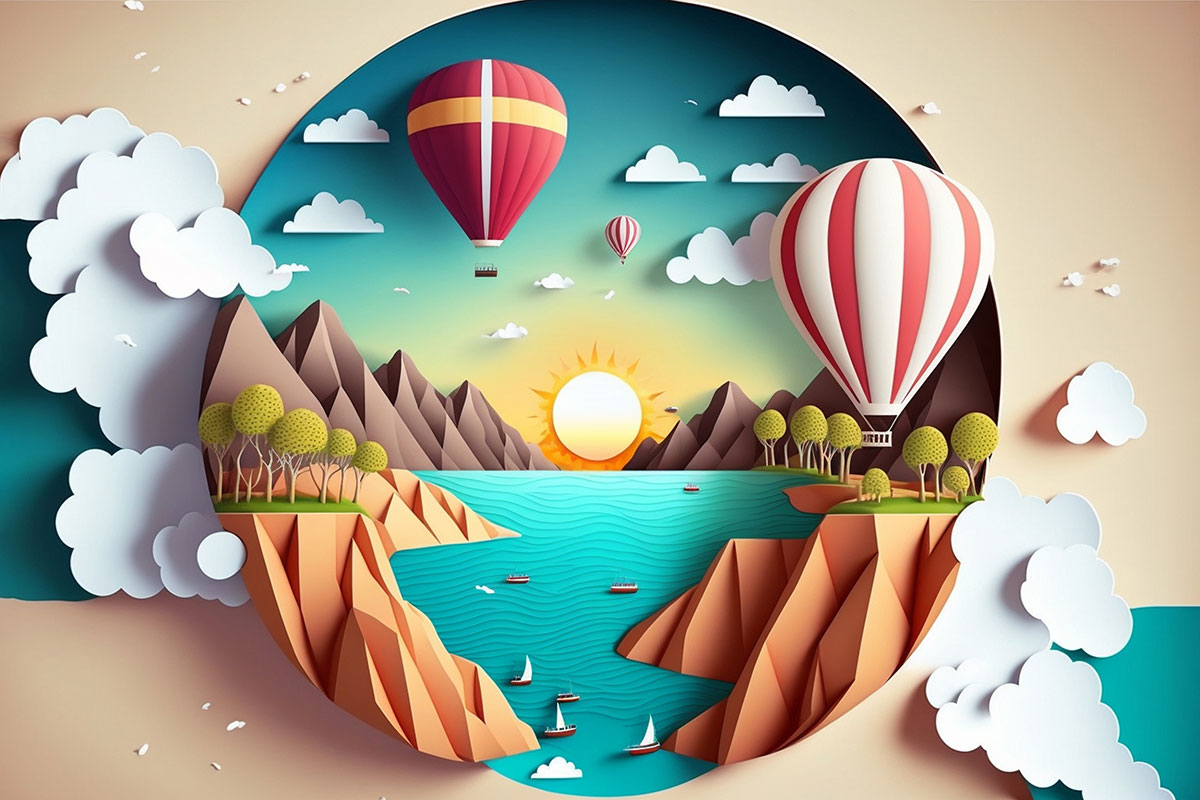 A paper cut out of a landscape with hot air balloons