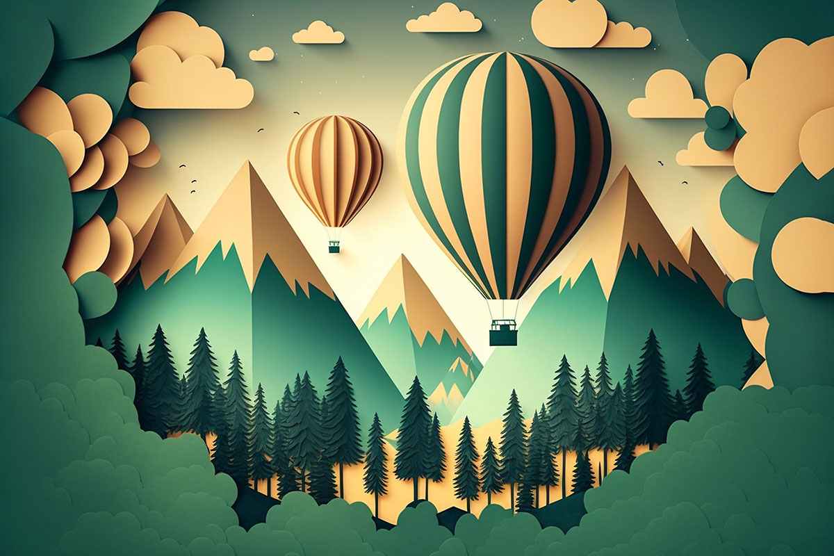 Hot air balloons over mountains and trees