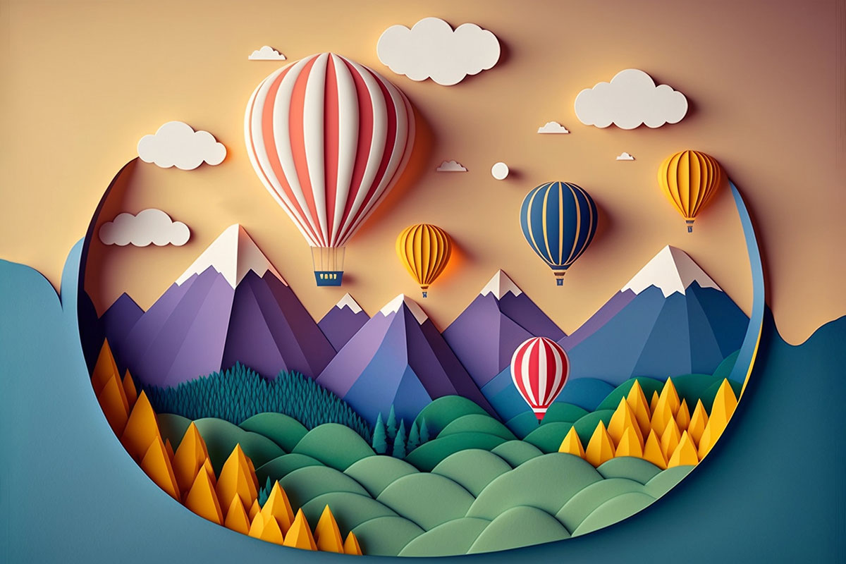 A paper cut out of a landscape with hot air balloons