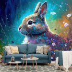 A painting of a rabbit with flowers