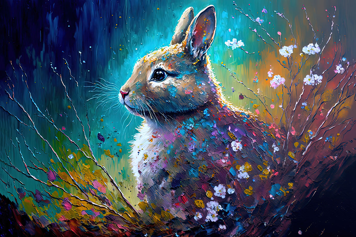 A painting of a rabbit with flowers