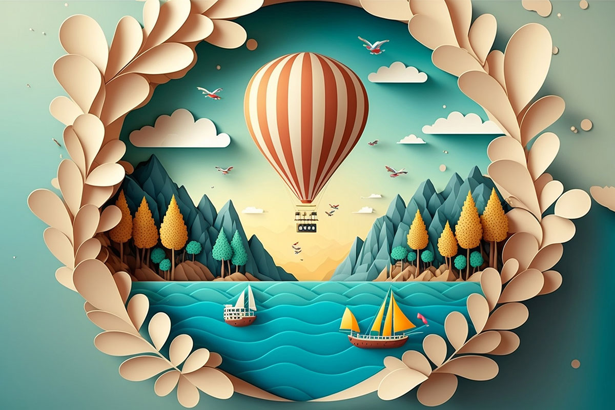 A paper cut out of a landscape with a hot air balloon and boats