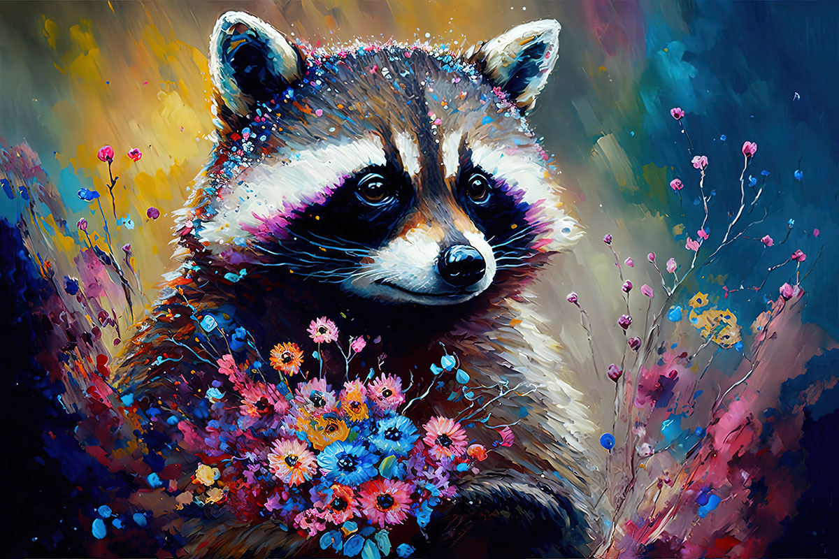 A raccoon holding flowers