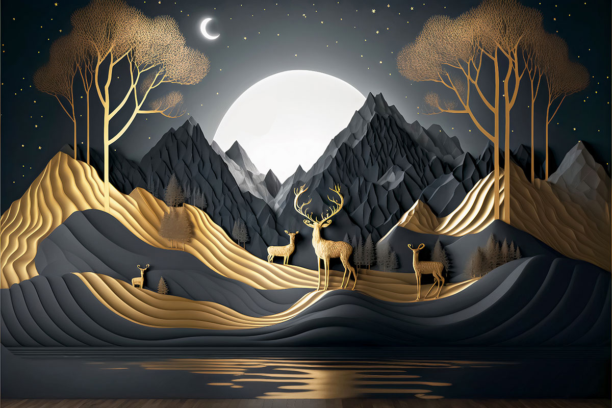 A mural of a mountain landscape with deer and trees