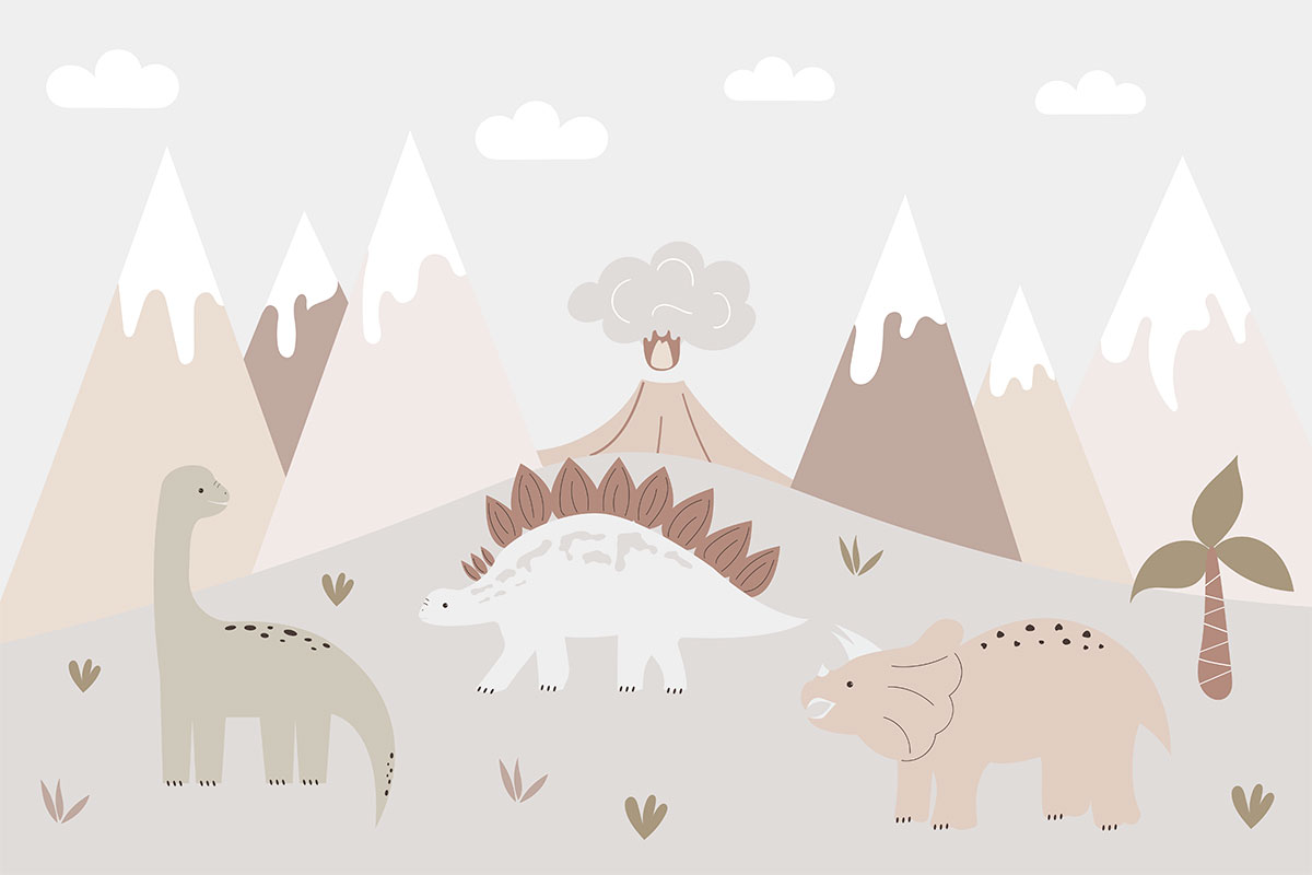 A cartoon of dinosaurs in a landscape