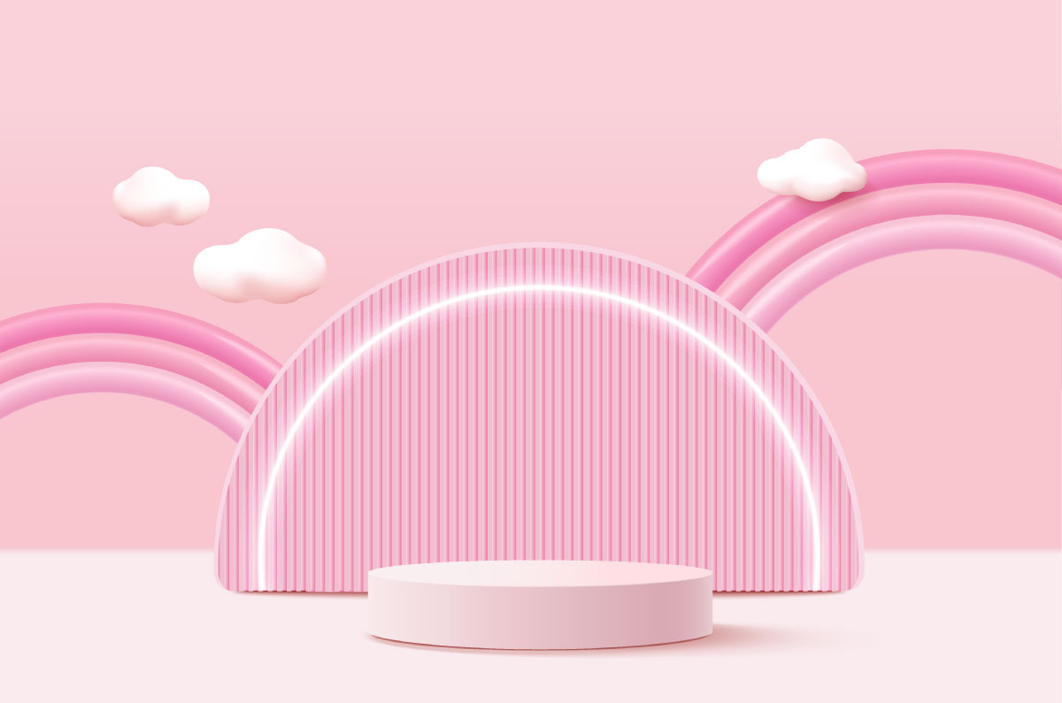A pink and white podium with clouds and rainbows