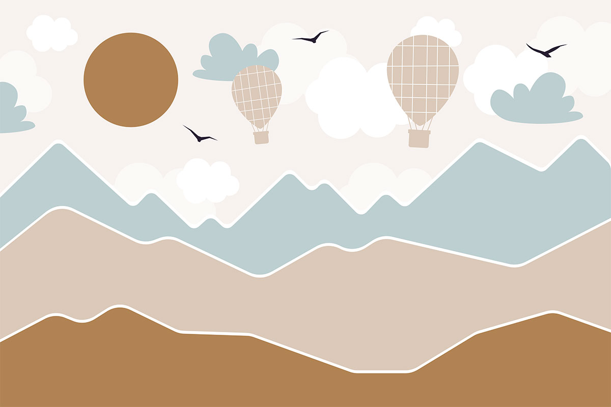 A landscape with mountains and hot air balloons