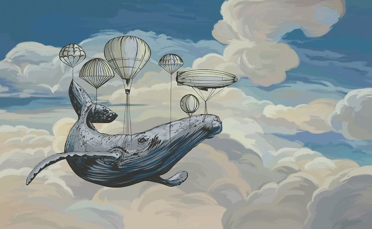 A whale with hot air balloons