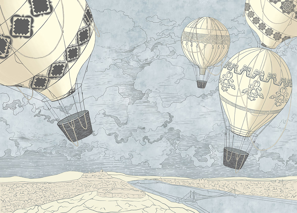 A drawing of hot air balloons in the sky