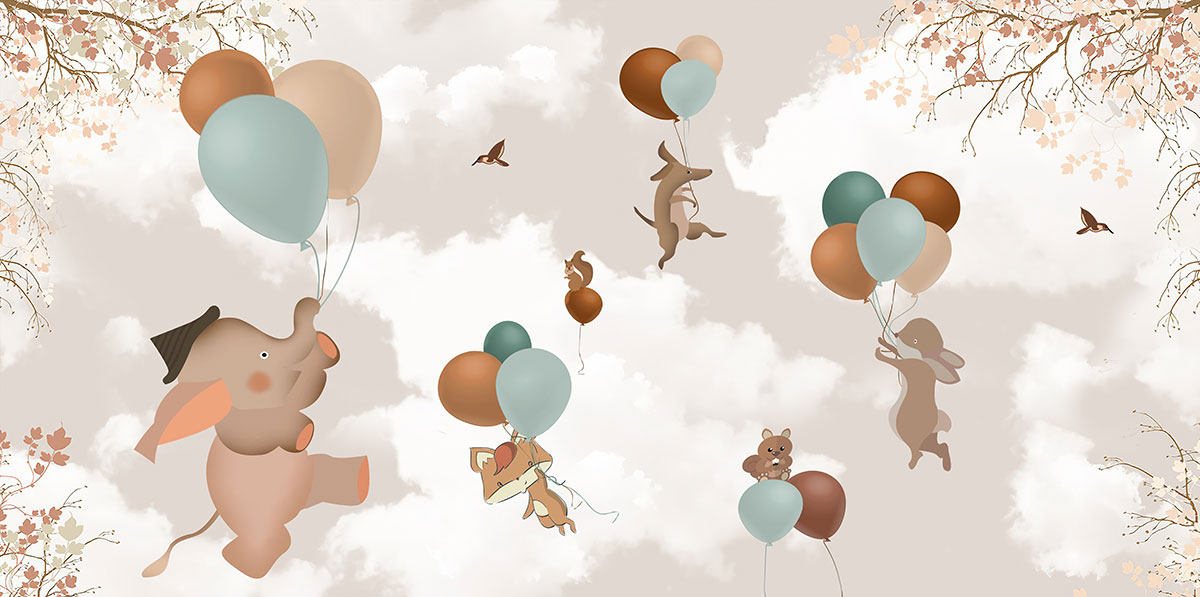 A group of animals flying with balloons
