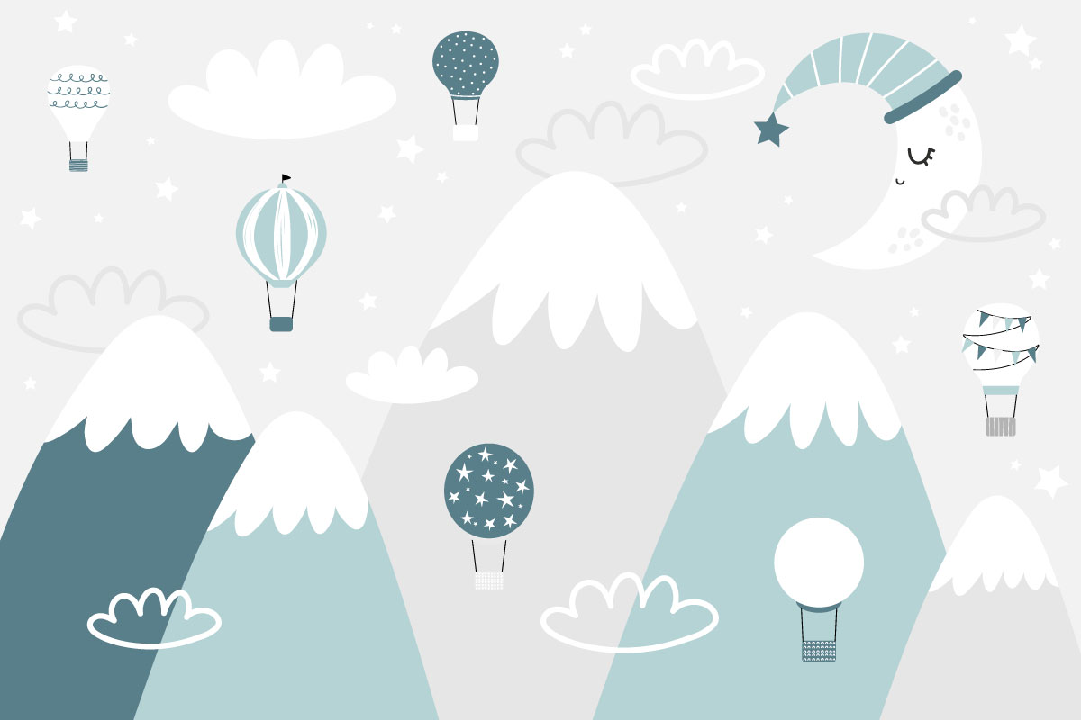 A cartoon of mountains and hot air balloons