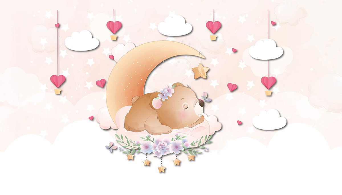 A cartoon bear sleeping on a cloud