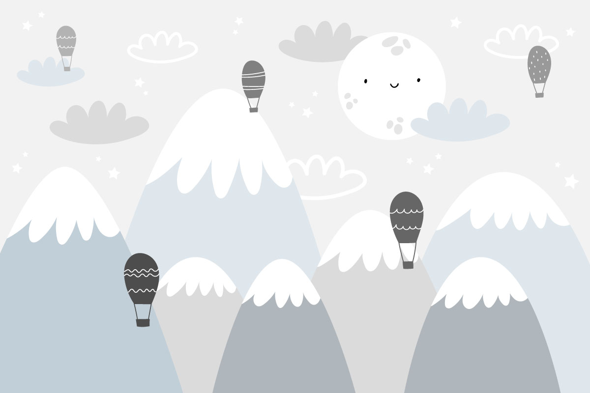 A cartoon of a mountain with hot air balloons