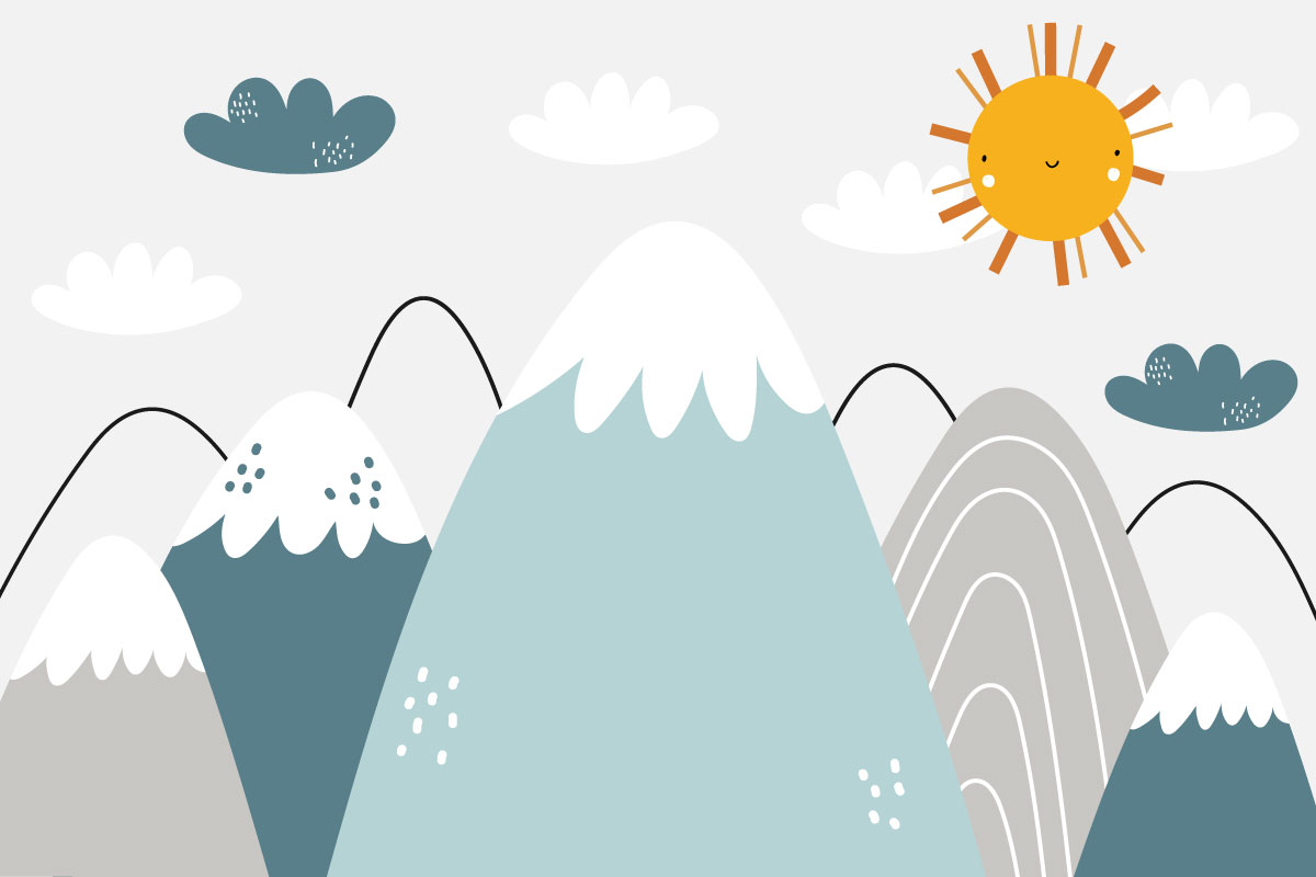 A cartoon of mountains and sun