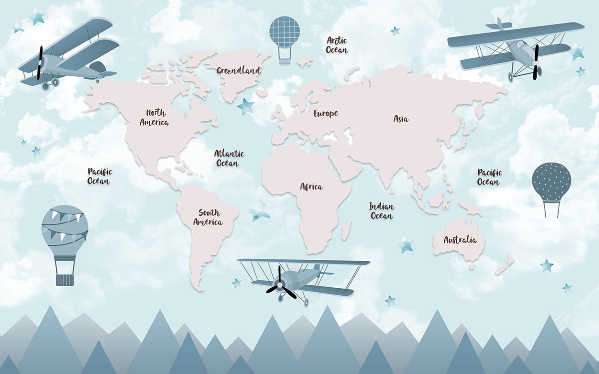 A map of the world with airplanes and mountains