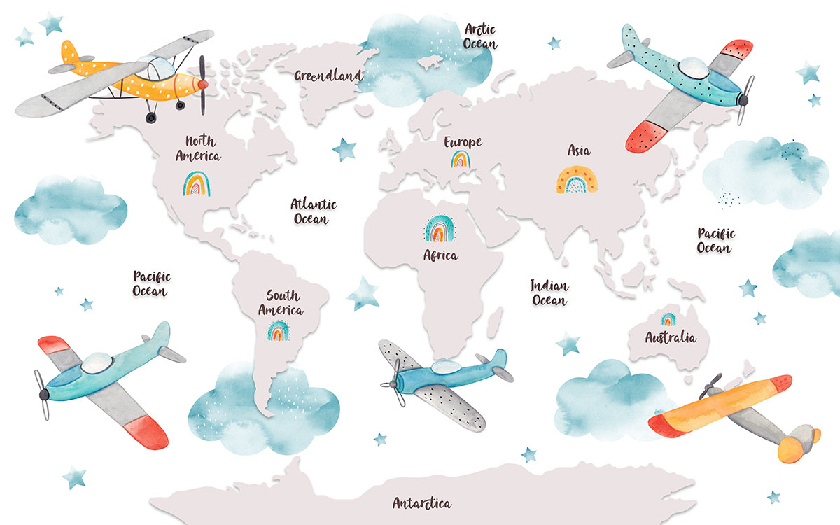 A map of the world with cartoon airplanes and clouds