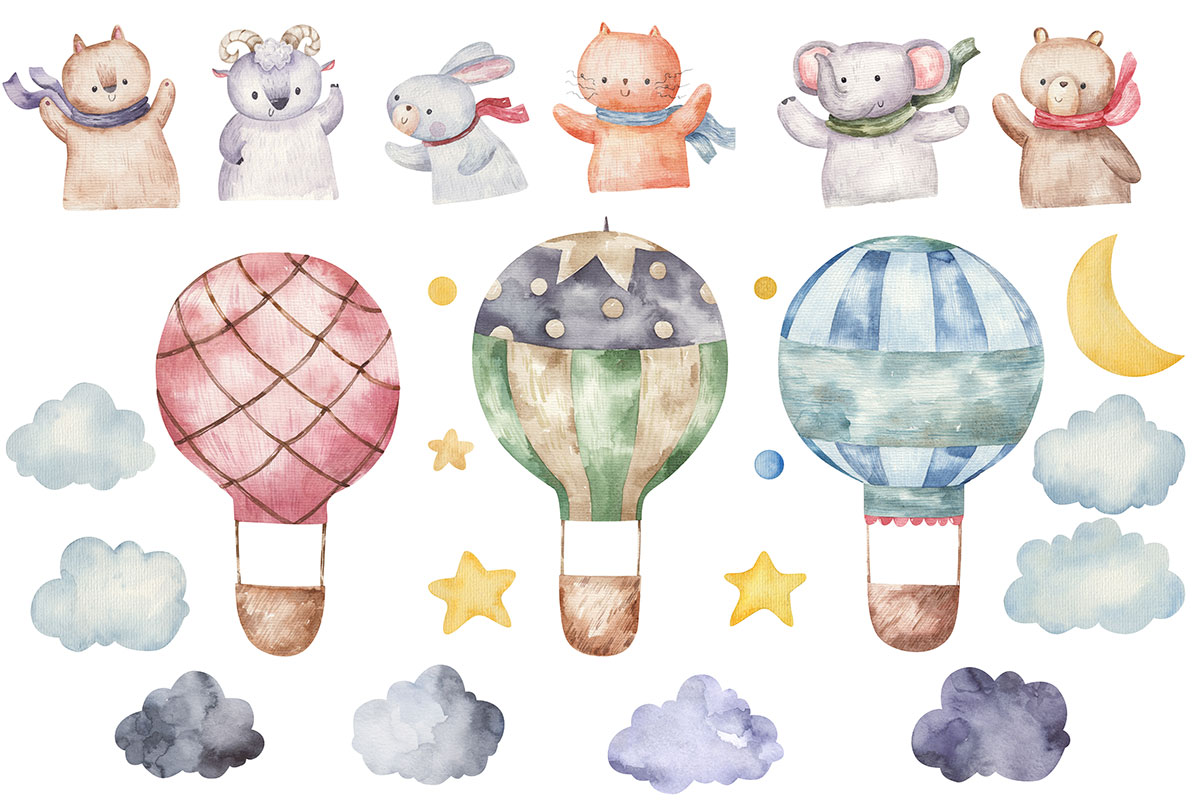 A collection of watercolor cartoon animals